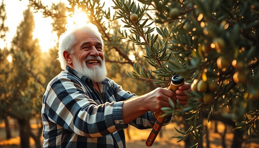 Secrets to Longevity in Sardinia: Elderly man pruning olive tree with joy.