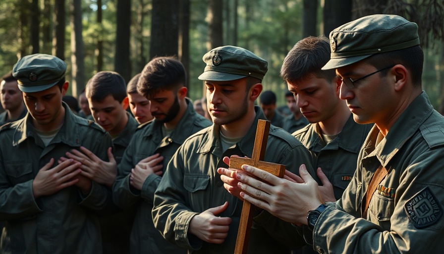 Soldiers pray during Easter truce in Ukraine war in wooded area.