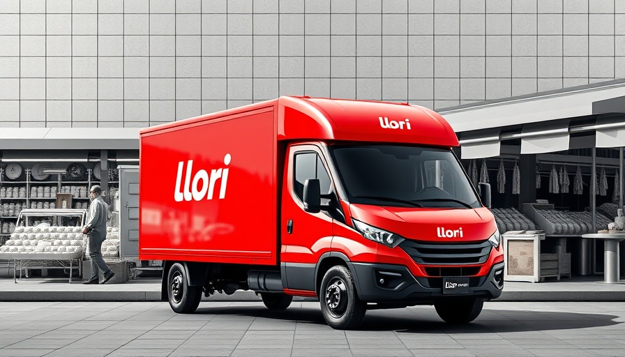 Red Lori truck in front of monochrome market, Lori Systems valuation drop.