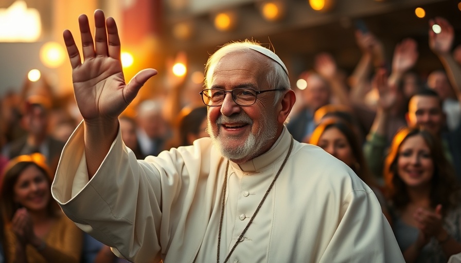 Religious leader waving to crowd in evening setting.