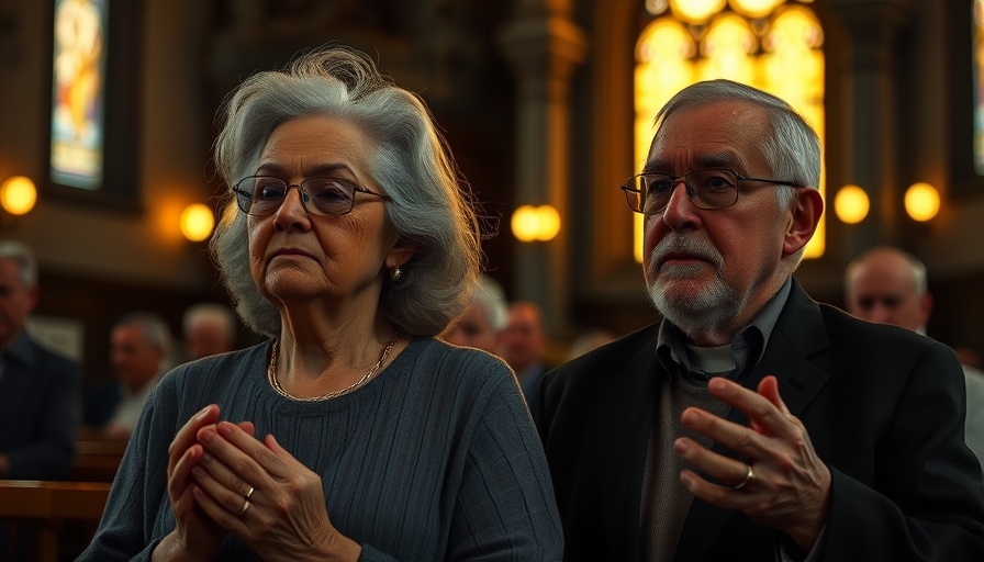 Reflective scene in church as people react to Pope Francis' death.