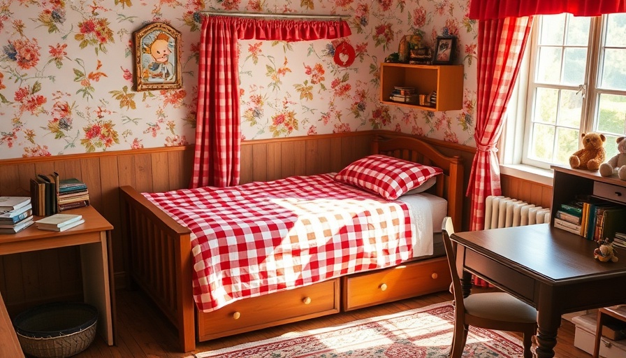 Cozy gingham trundle bed with desk and toys, ideal for real estate.