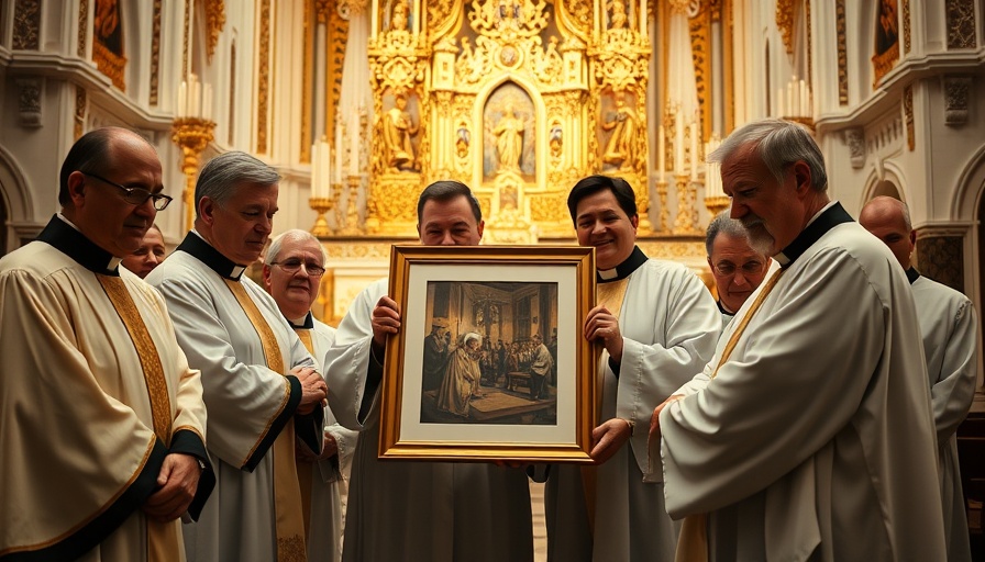 Clergy members honor Pope Francis in Asian church, solemn expressions.