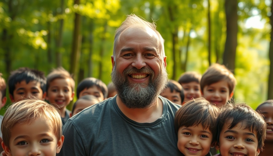 Sperm donor surrounded by 30 children in a forest.