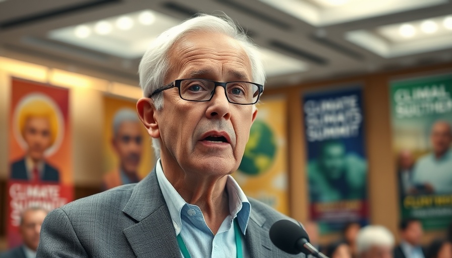 Concerned man speaking on climate crisis at COP30 Brazil summit.