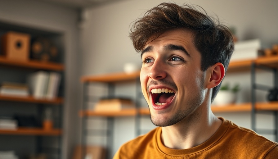 Expressive young man discussing impacts in modern setting, soft lighting.