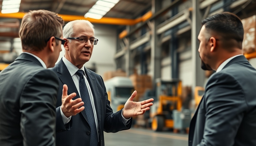 Public speaker discussing rollback unilateral tariffs in a warehouse setting.