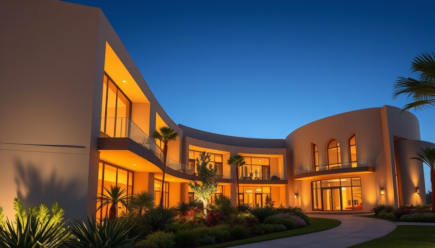 Modern architecture facade with geometric design in evening light.