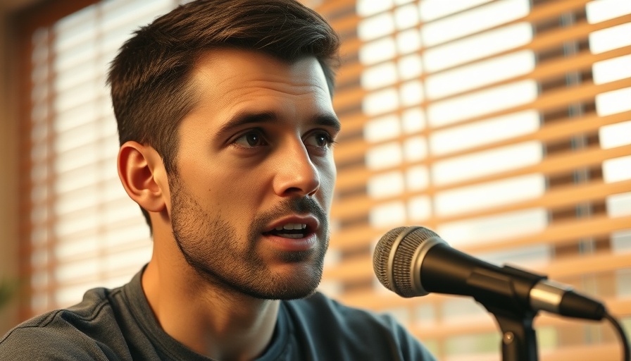 Man speaking into microphone, indoor room with blinds.