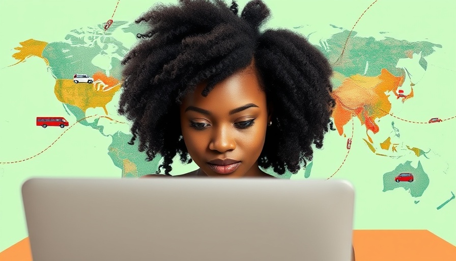 African woman working remotely on laptop in global map collage.