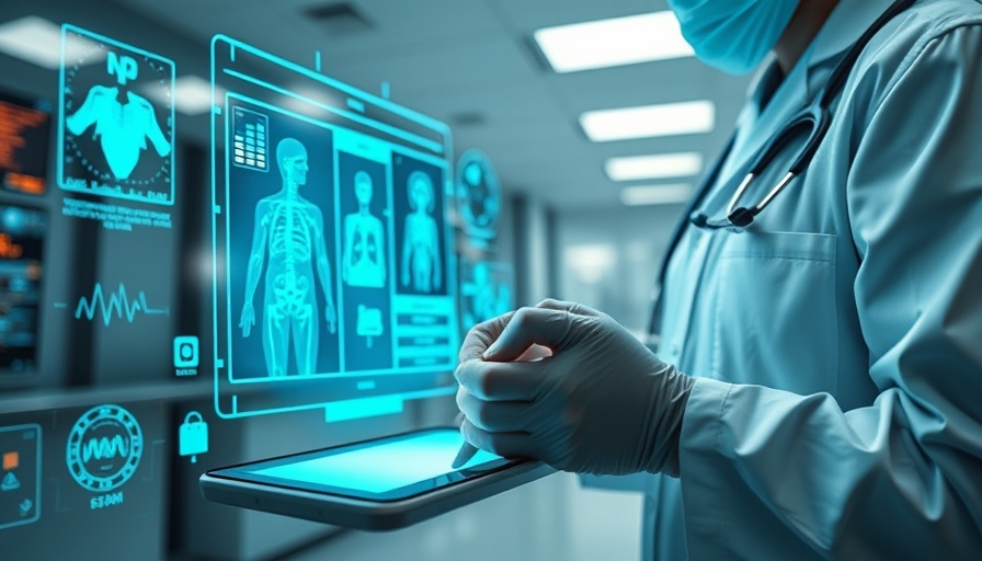 Doctor using tablet with futuristic reverse aging technology interface.