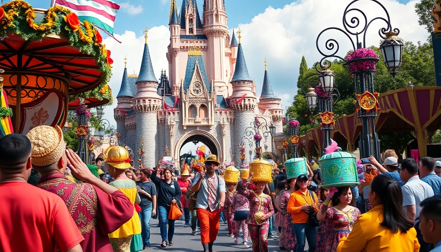 Theme park parade with performers in Orlando, vibrant atmosphere.