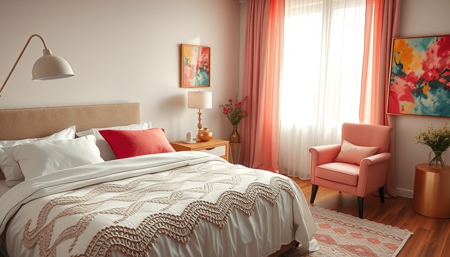 Elegant bedroom with scalloped bedding, pastel pink curtains, and sunlight.