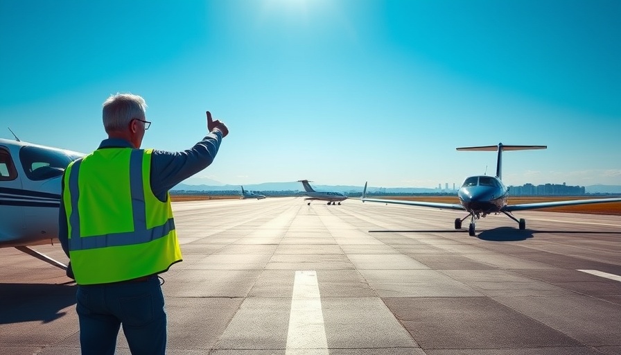 Small aircraft on tarmac with person directing during sunny day.