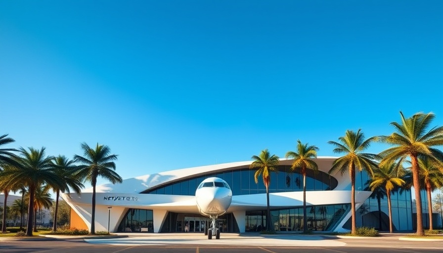 NetJets maintenance facility at Scottsdale Airport, modern design with palm trees.