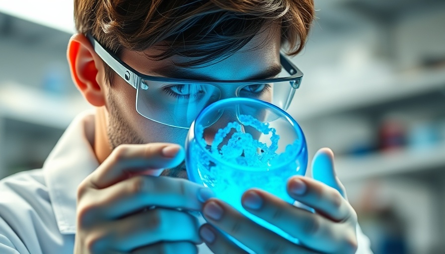 Scientist studying blue bioplastic in a lab, highlighting sustainable practices.