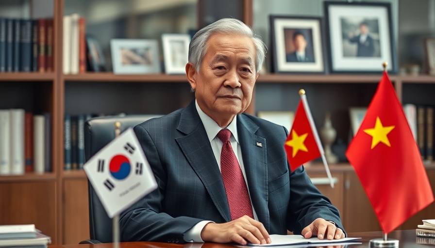 South Korean and Vietnamese flags on desk in office setting.