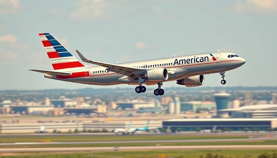 American Airlines jet takes off at a busy airport.