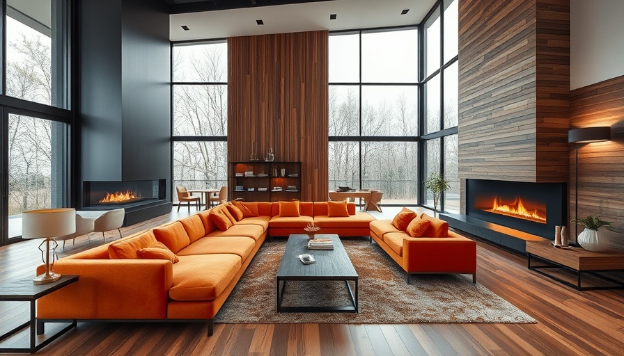 Luxury living room with orange sectional sofa and fireplace, best sectional sofas for real estate investment.