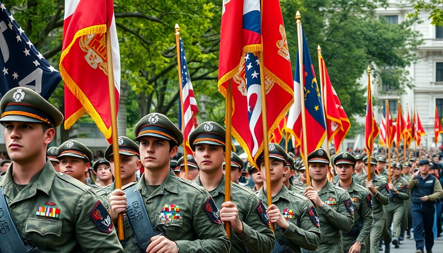 Vietnam War legacy parade with soldiers and flags.