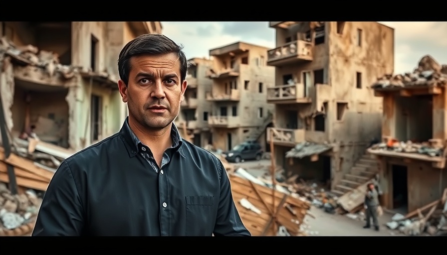 Genocide in Gaza discussed by news anchor in war-torn backdrop.
