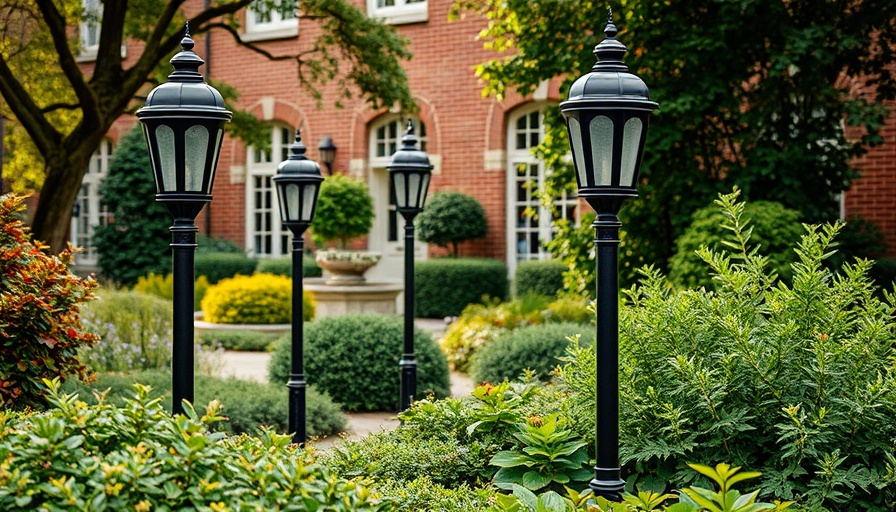 Modern post lights in lush garden, showcasing investment value.