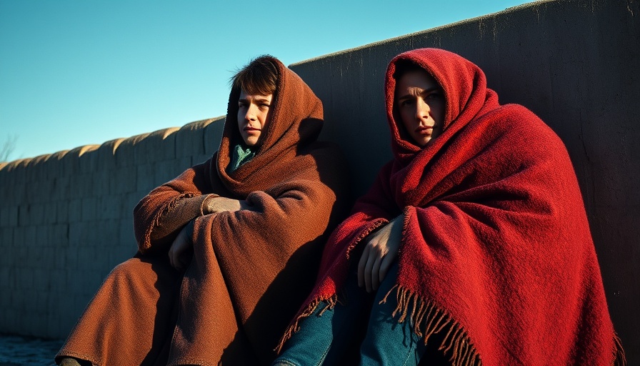 Migrants bundled in blankets against a wall, highlighting exploitation.