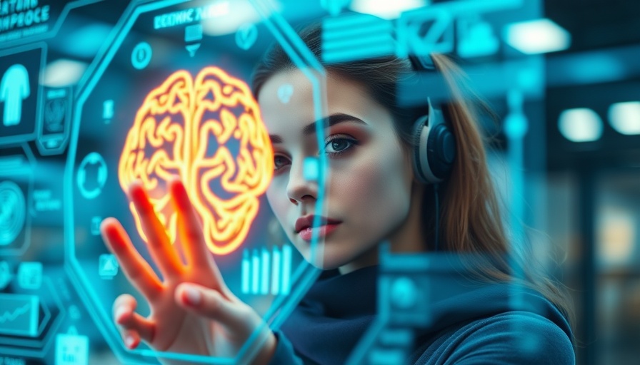 Woman engaging with virtual interface in tech environment
