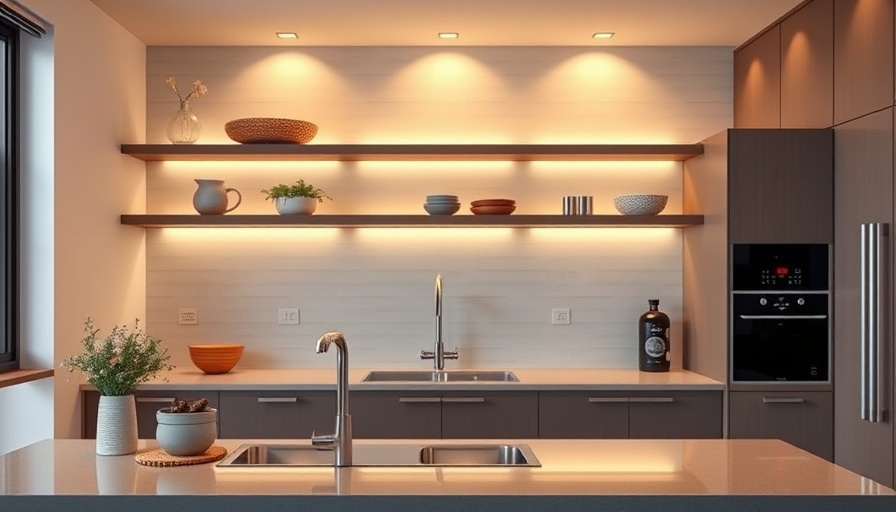 Sleek kitchen with floating shelves in real estate setting.