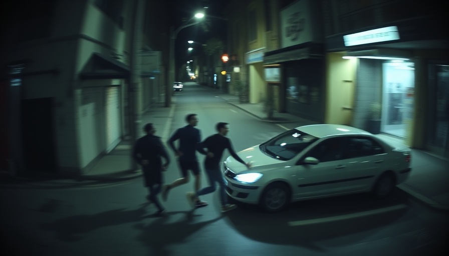Surveillance footage of people running at night in an urban scene.