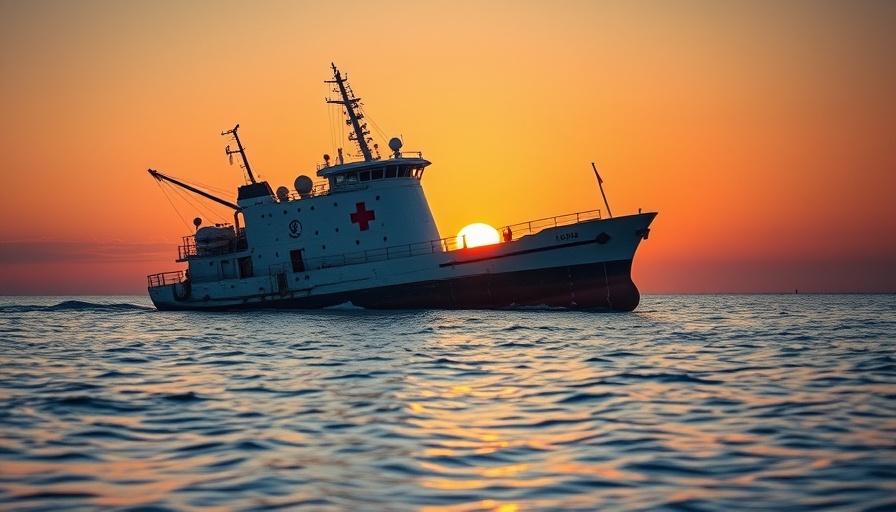 Gaza Aid Efforts: Damaged ship at sunset with impact marks.