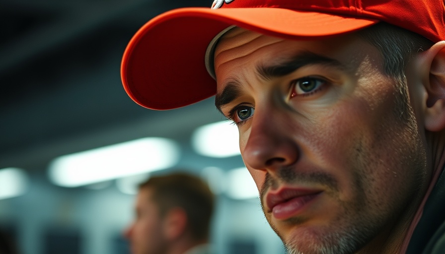 Close-up of man in red cap reflecting in low light indoor setting.