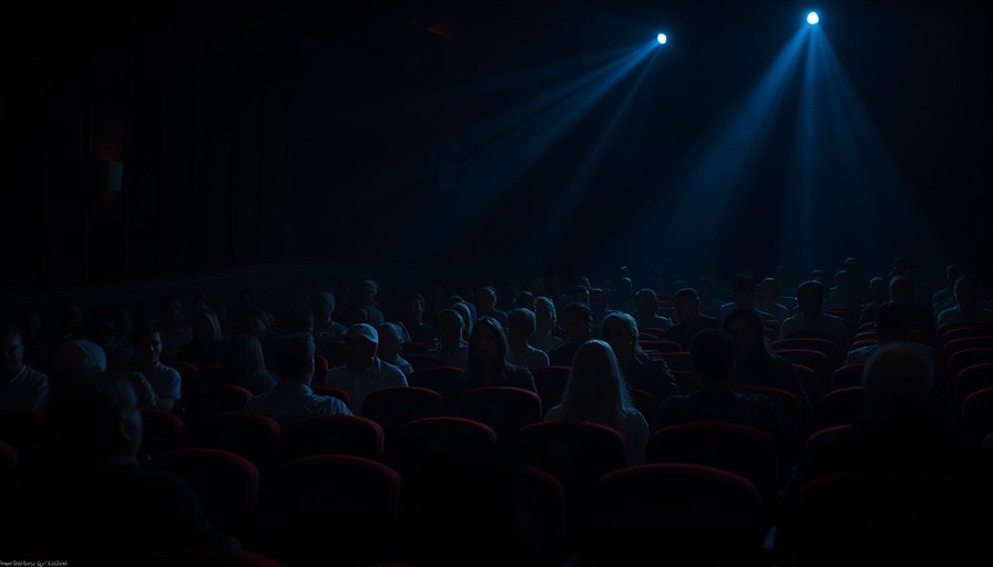 Cinema audience watching movie trailer with spaced seating arrangement.