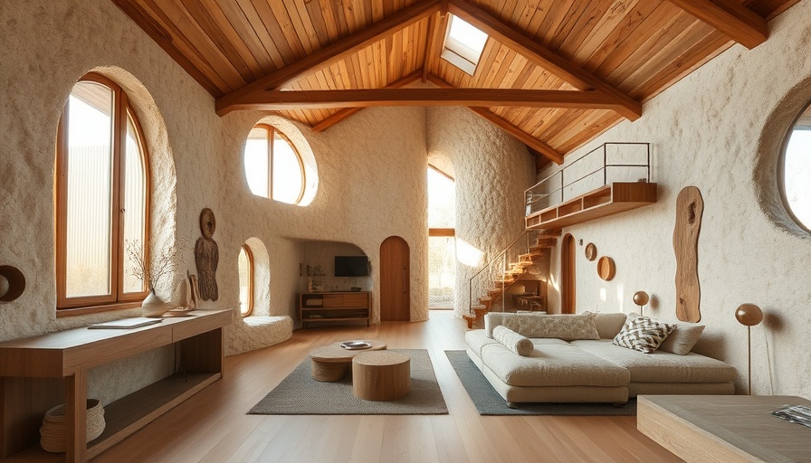 Modern sustainable cob house interior with organic design elements.