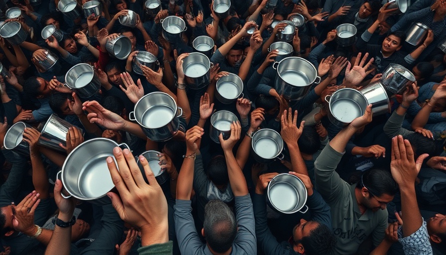 Gaza starvation crisis humanitarian scene, crowd holding pots.