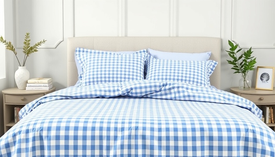 Elegant bedroom with gingham bedding in real estate setting.