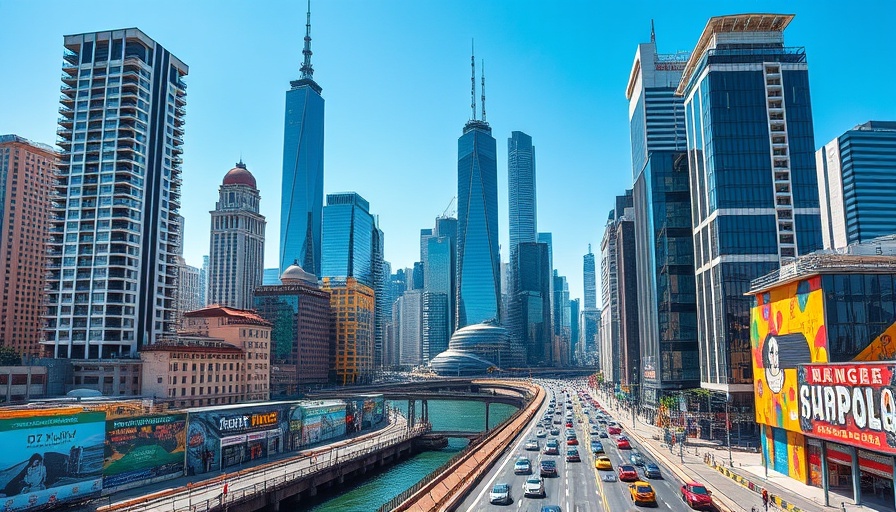 Modern cityscape with skyscrapers and traffic for VC funding in 2025.