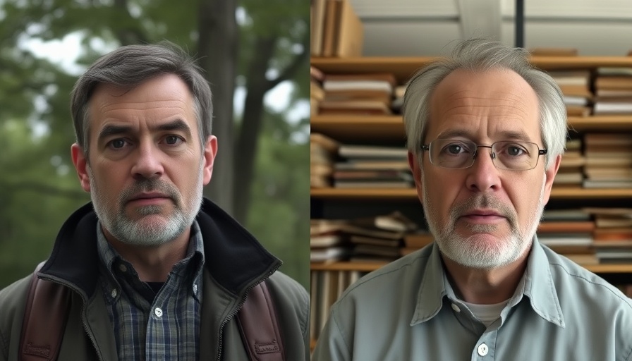 Portrait of two men in split screen about family histories of forced labor.
