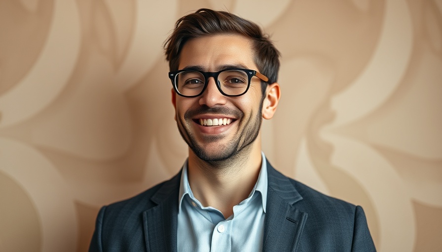 Confident business professional with abstract background.