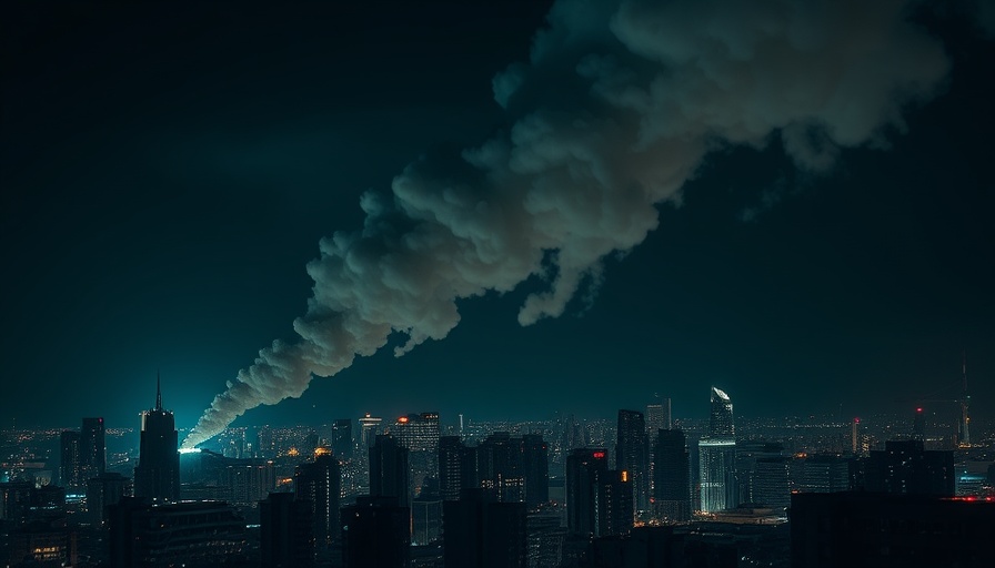 Israeli airstrikes rock Yemen cityscape with smoke in dark sky.