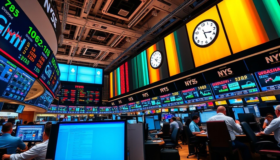 Dynamic stock exchange office with traders and clocks.