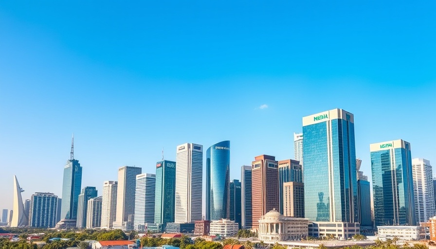Skyline featuring Nigerian banks' skyscrapers under blue skies.