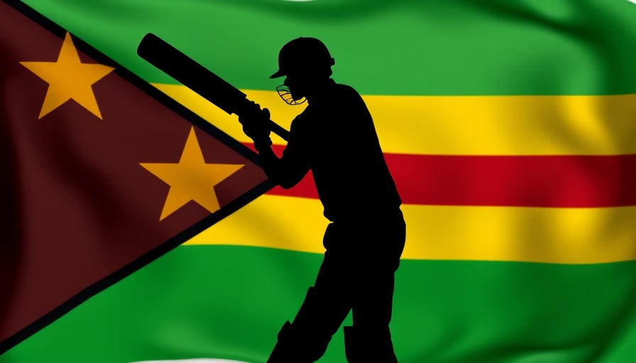 Zimbabwe cricket player silhouette with bat, Zimbabwean flag background.