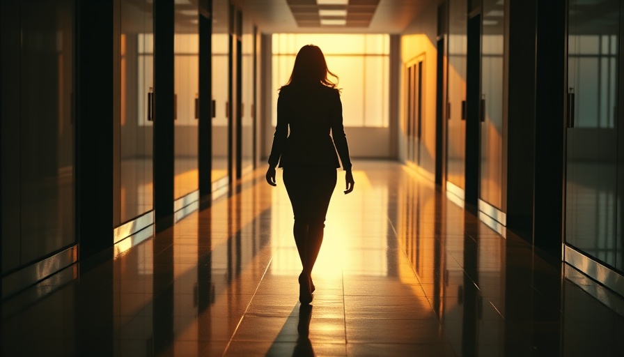 Confident businesswoman silhouette walking in modern hallway with light.
