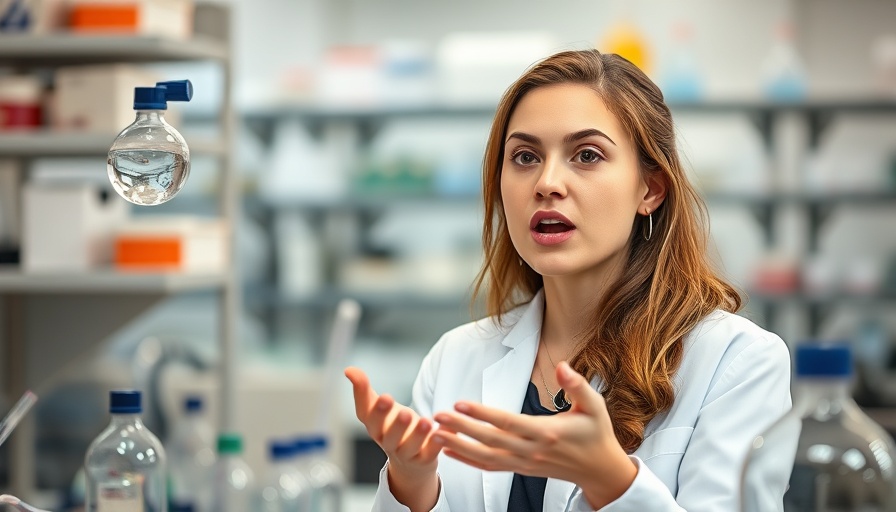 Young woman explains new bioplastic in a scientific setting.