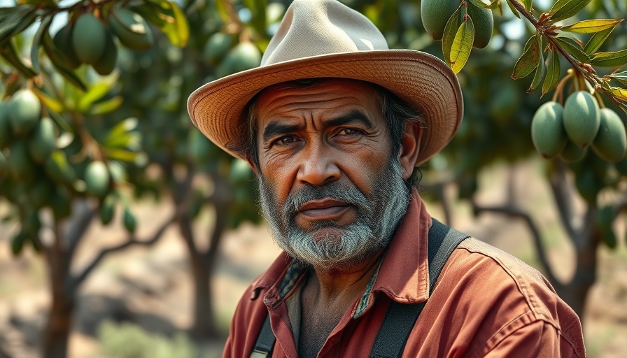 Rugged Mexican farmer amid avocado trees reflecting on cartels.
