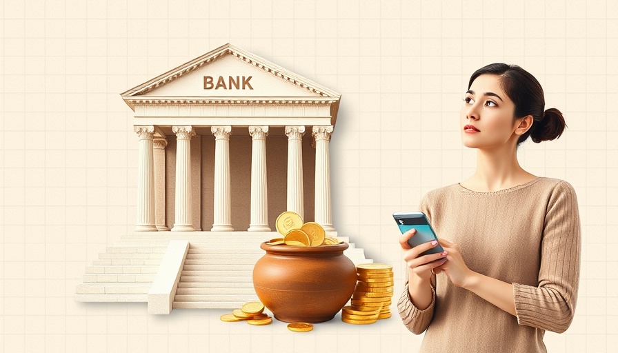 Rethinking what banks are for: collage with bank, coins, woman.