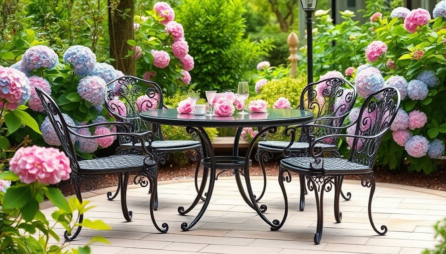 Elegant patio furniture set in garden during Memorial Day outdoor furniture sales.