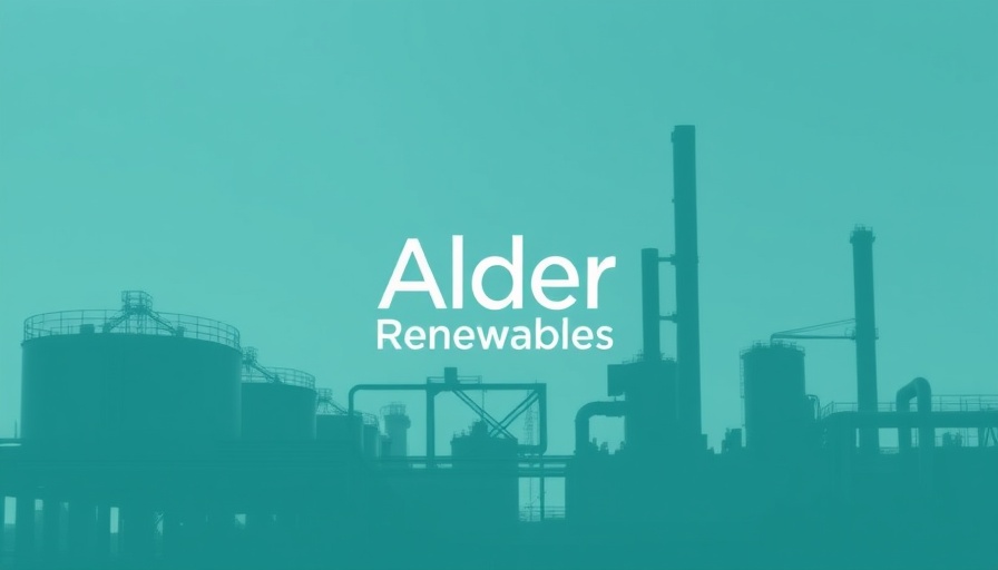 Teal industrial plant with Alder Renewables logo, Sustainable Aviation Fuel Production Québec.