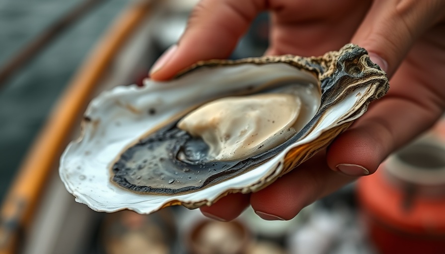 Close-up of oyster in hand, oyster farmers in Arcachon Bay.